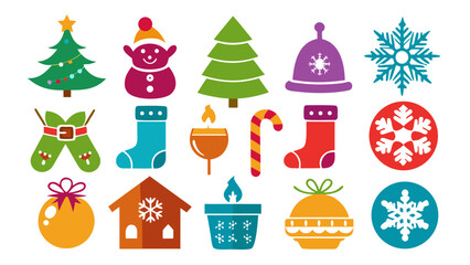 Vector art of colorful christmas icons with christmas tree, snowman, sock and candy cane
