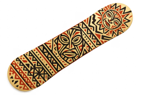 Skateboard with tribal mask and sun art