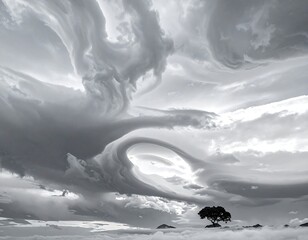 Dramatic monochrome view of swirling storm clouds and a lone tree
