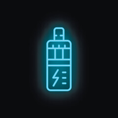 Blue neon icon of an electronic cigarette glowing against a black background