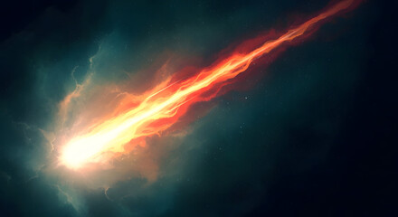A fiery comet streaks across a dark, starry sky, leaving a trail of vibrant orange and red flames, creating a sense of cosmic wonder