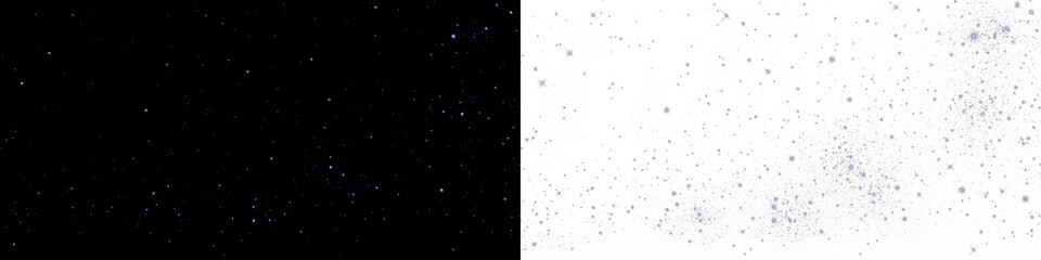 Starry night sky overlay with sparkling stars on black and white backgrounds for design