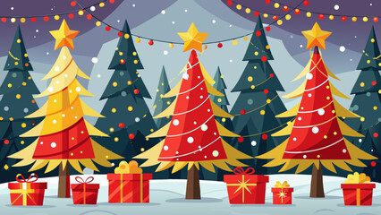 Obraz premium Vector art of christmas trees and gift boxes in a snowy landscape with festive lights