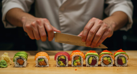 Vibrant maki rolls spell out 2026 on a wooden board in a creative presentation