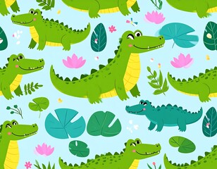 Cute Cartoon Crocodile Pattern, Illustration, Seamless Background, Alligator Wallpaper