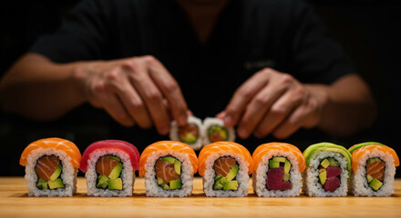 Chef creating a playful New Year message using colorful sushi pieces