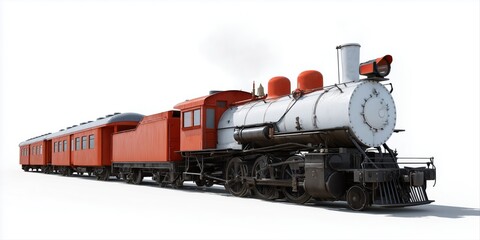 Vintage steam locomotive with red carriages on white background
