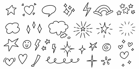 Collection of hand drawn doodle elements including stars hearts lightning bolts clouds and speech bubbles
