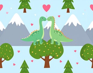 Cute cartoon dinosaurs in love with hearts and trees for Valentine's Day