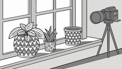 Still life photography setup with camera on tripod and potted plants on windowsill.