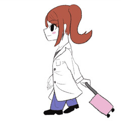 白衣を着た女の子がスーツケースを持って歩いている