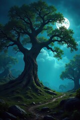 Ancient Oak Tree Sentinel Mystical Moonlit Forest Clearing, Whispering Ancient Secrets and Hidden Magic, Perfect for Fantasy, Halloween, and Witchcraft