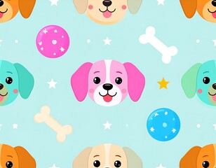 Cute Cartoon Dog Pattern with Balls, Bones, and Stars on a Light Blue Background