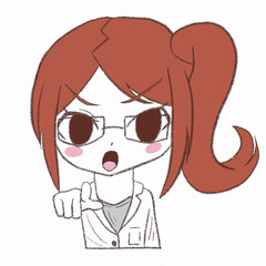 白衣を着た女の子が指をさしている