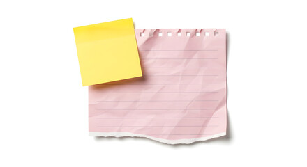 Yellow sticky note on pink lined paper isolated on white background for reminders, todo lists, or important information in a workspace