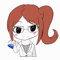 白衣を着た女の子が液体の入った三角フラスコを振っている