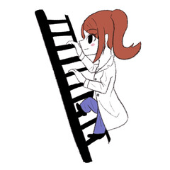 白衣を着た女の子が黒いはしごを登っている