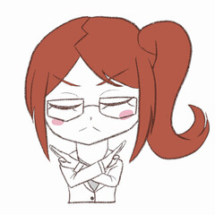 白衣を着た女の子が腕でバツを作っている