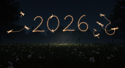 Sparklers creating glowing 2026 numbers in the night sky