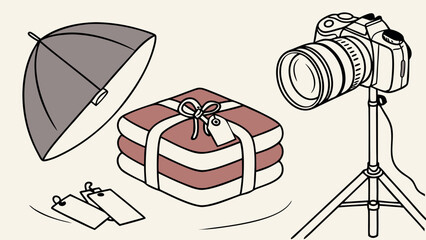 Studio Photography Setup Illustration of Camera Lighting and Props.