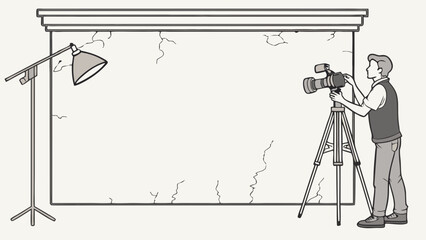 Studio Photography Setup Person with Camera on Tripod Lighting and Backdrop.