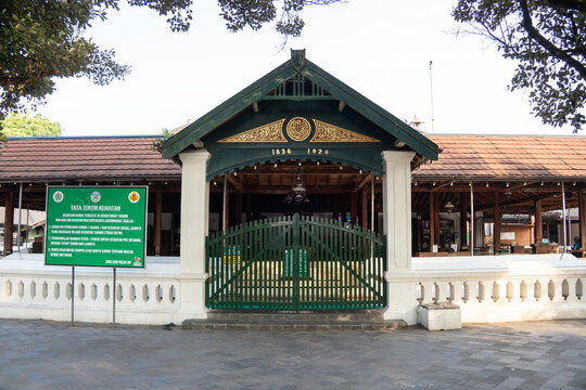 Yogyakarta, Indonesia - July 1, 2025: Vintage heritage architectural buildings and gardens inside Masjid Gedhe Mataram Kotagede. Gedhe Mataram Kotagede Mosque.