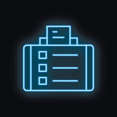 Blue neon icon of a printer printing a document on a black background