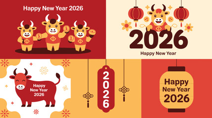 Fototapeta premium Colorful 2026 New Year Design Featuring Oxen, Lanterns, and Celebratory Greetings in Festive Layouts
