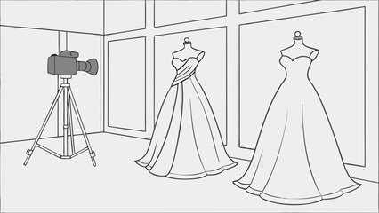 Studio Photography Setup with Wedding Dresses on Mannequins.