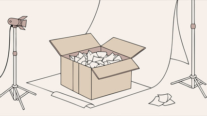 Studio Setup with Cardboard Box Filled with Crumpled Paper Product Photography Illustration.