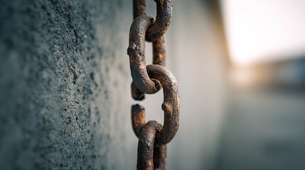 shackle. Single broken iron chain link hanging against a stark concrete wall, dramatic lighting. public awareness campaigns.
