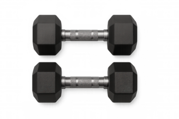 Pair of black rubber hexagonal dumbbells for strength training, lifting, and fitness workout on transparent background