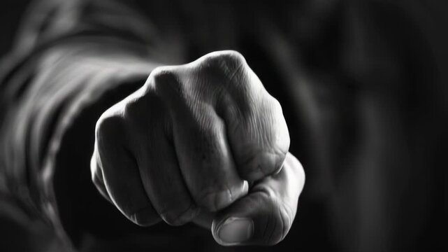 A close-up  of an arm through the bars. The fist is closed and appears ready for action or confrontation.