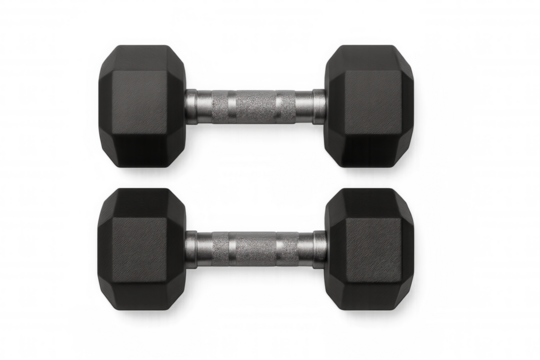 Pair of black rubber hexagonal dumbbells for strength training, lifting, and fitness workout on transparent background