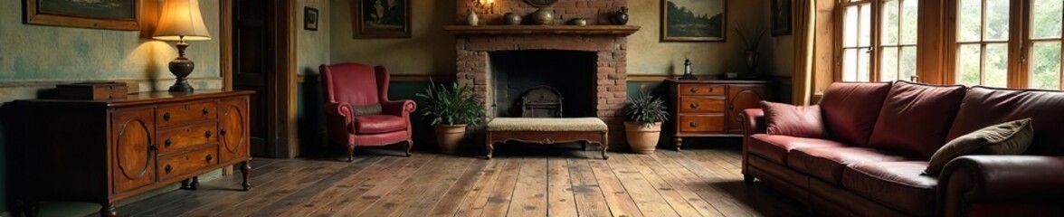 Nostalgic Cozy Vintage Living Room with Worn Wooden Floors, Antique Furniture, and Warm Lighting
