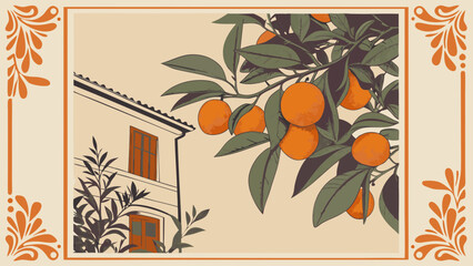 Stylized illustration of oranges on a tree branch near a building vintage design botanical art.