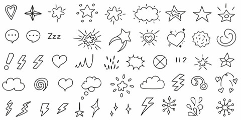 Collection of hand drawn doodle icons and symbols including stars hearts lightning bolts clouds and speech bubbles
