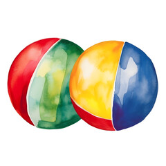 Two colorful vibrant watercolor beach ball for the summer, beach ball on white background, colorful beach ball