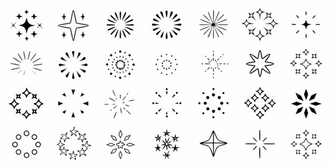 Collection of black and white starburst and sparkle graphic elements and icons