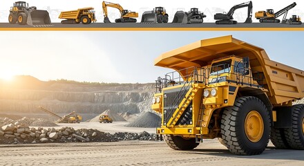 A large yellow dump truck is parked in a quarry with other construction vehicles in the background on a sunny day, mining concept