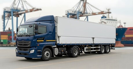 A blue semitruck with a white trailer is parked in a commercial port with cargo ships and cranes in the background on a sunny day