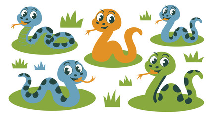 Fototapeta premium Cartoon Snakes Illustration Collection of Happy Blue, Orange, and Green Snakes in Grass Patches