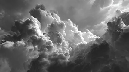 Dramatic grayscale sky filled with towering cumulus clouds formation