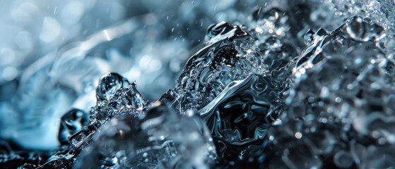 Close-up of water droplets frozen in motion, playing with light and shadow on the surface.
Suitable for mineral water advertising, beverage packaging design, articles about nature 