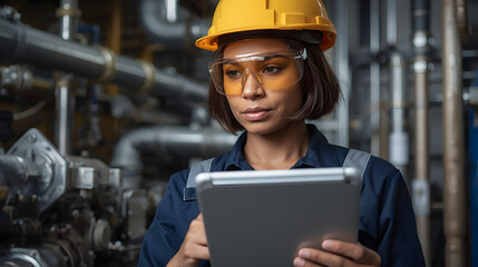 Woman in hard hat and safety glasses inspects industrial machinery using a tablet.