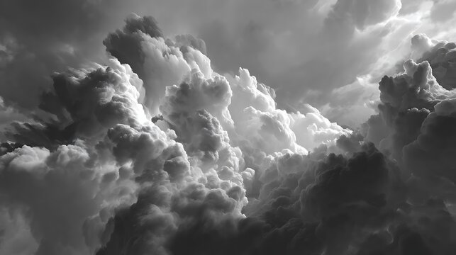 Dramatic grayscale sky filled with towering cumulus clouds formation