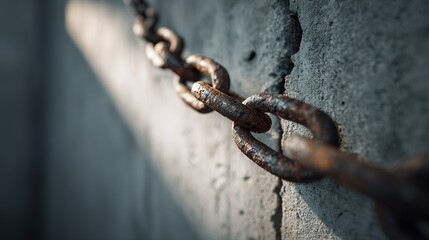 shackle. Single broken iron chain link hanging against a stark concrete wall, dramatic lighting. public awareness campaigns.