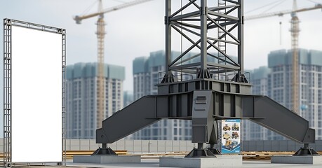 Blank advertising stand mockup on a construction site with buildings in the background, perfect for showcasing your brands message and attracting attention