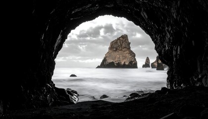 Dramatic view of rock formations at sea, framed by a dark cave entrance