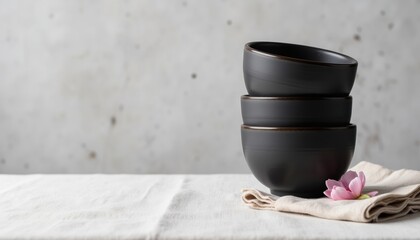 Stacked black bowls with flower on table against textured background  